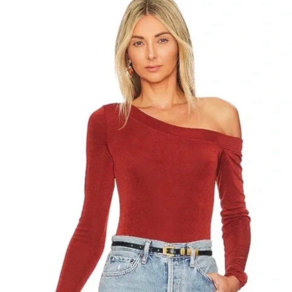Free People That's Hot Off Shoulder Bodysuit Rust Red Long Sleeve Thong NWT XL
